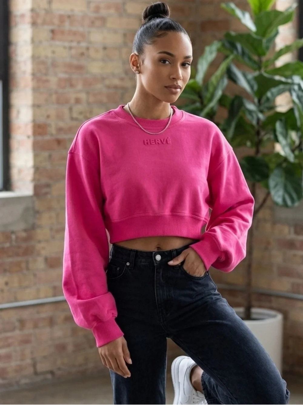 Herve Leger Women’s Small Pink Cropped Logo Sweatshirt S Long Sleeve Pullover